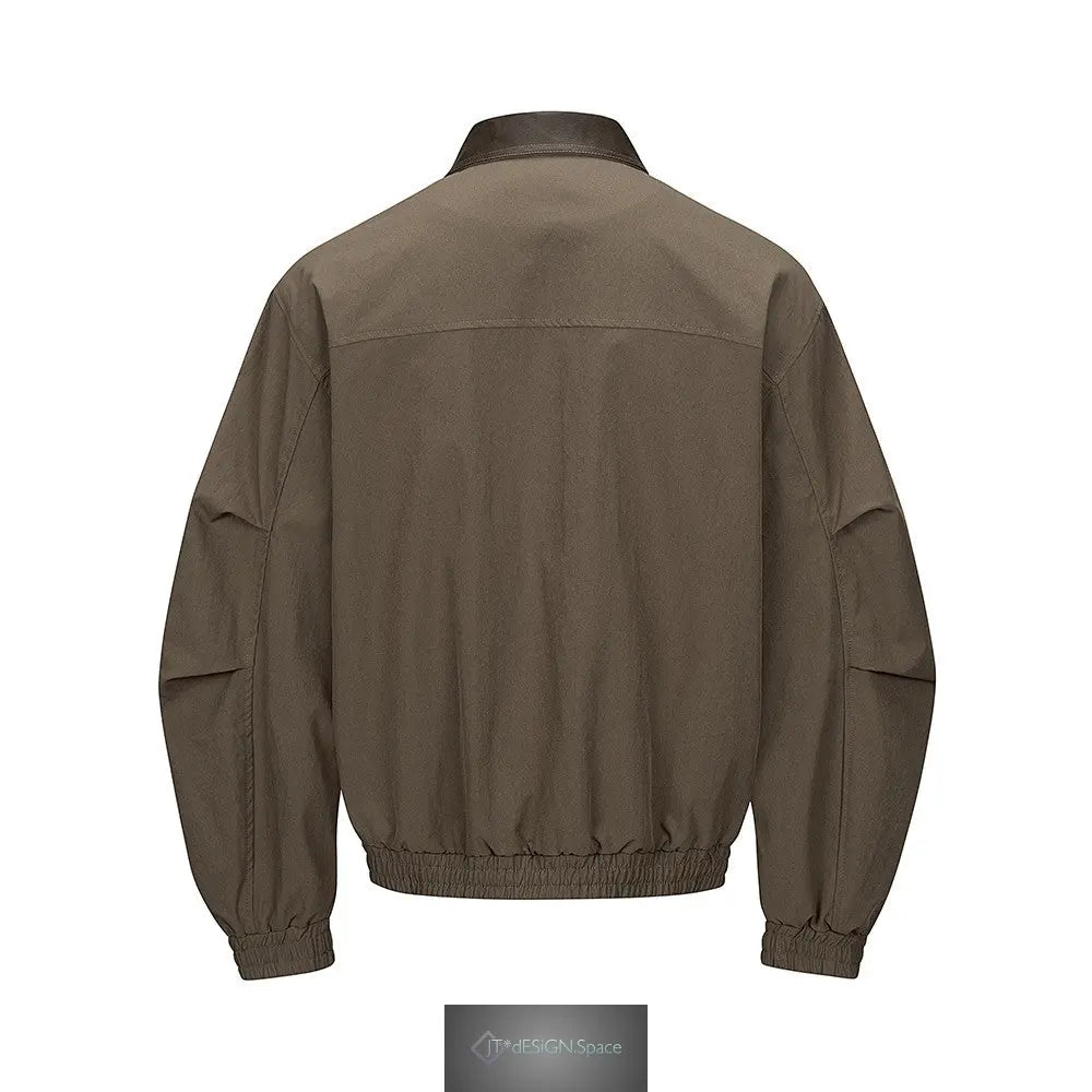 Herren-Arbeitskleidung, lässige Bomberjacke mit PU-Leder-Einsätzen, Reißverschluss, PU-Leder-Kragen und lockerer Passform