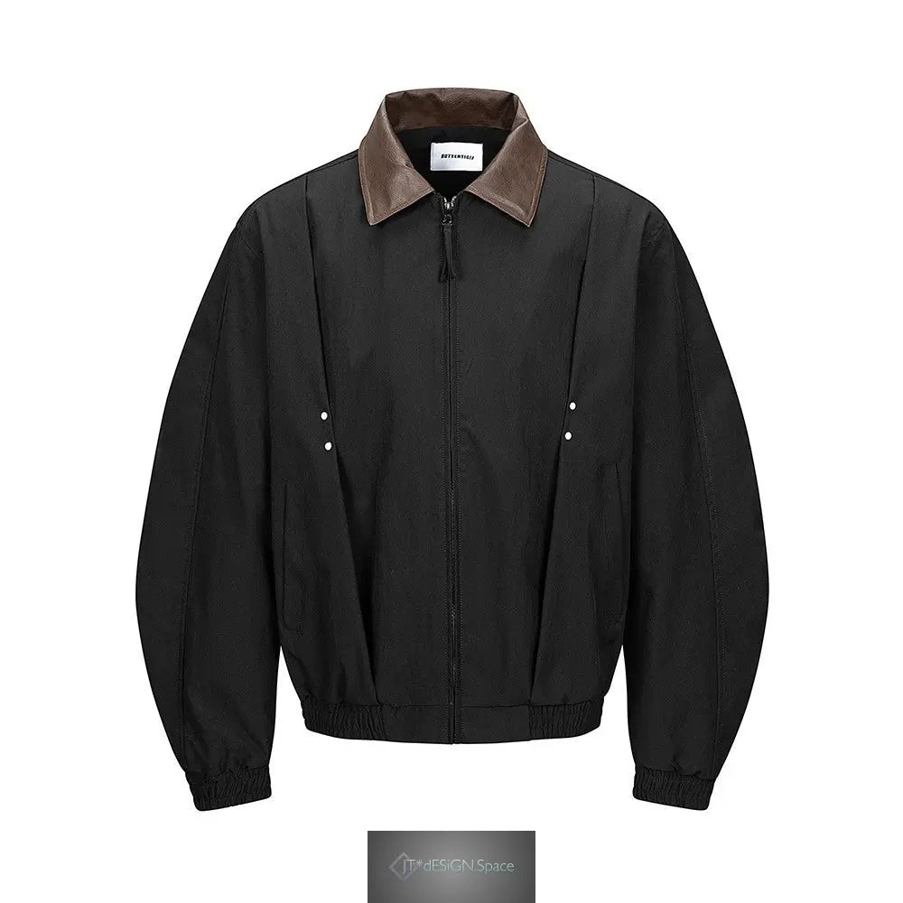 Herren-Arbeitskleidung, lässige Bomberjacke mit PU-Leder-Einsätzen, Reißverschluss, PU-Leder-Kragen und lockerer Passform