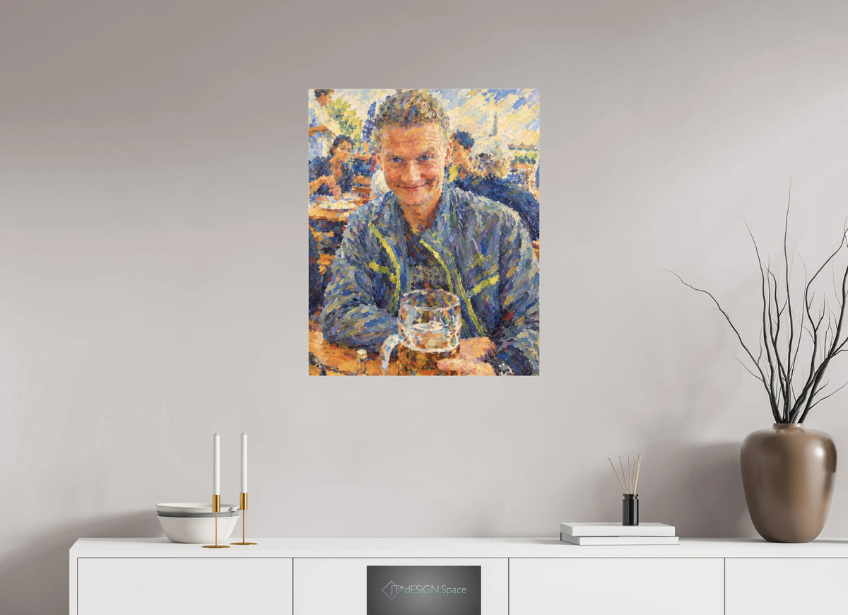 60 x 74,5 cm, Photo Print Under Acrylic Glass Ein lächelnder Mann im Biergarten