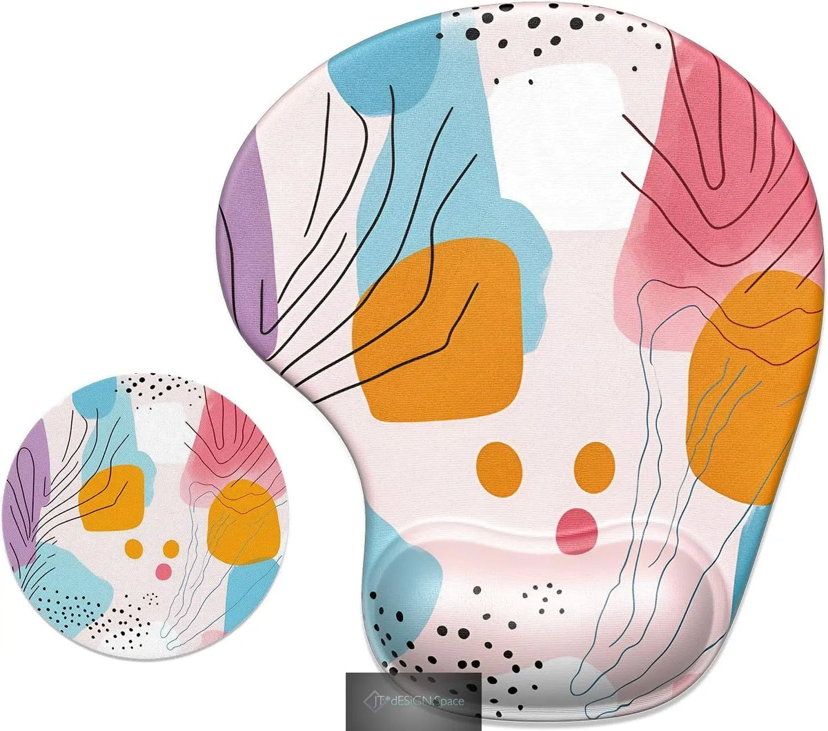 Ergonomic Mouse Pad Coaster Set with Gel Wrist Support Wrist Rest Smooth Surface Non-Slip PU Base Comfortable Office Supplies Pain Relief, 9.5 X 8.3 Inches, Art Style Pattern