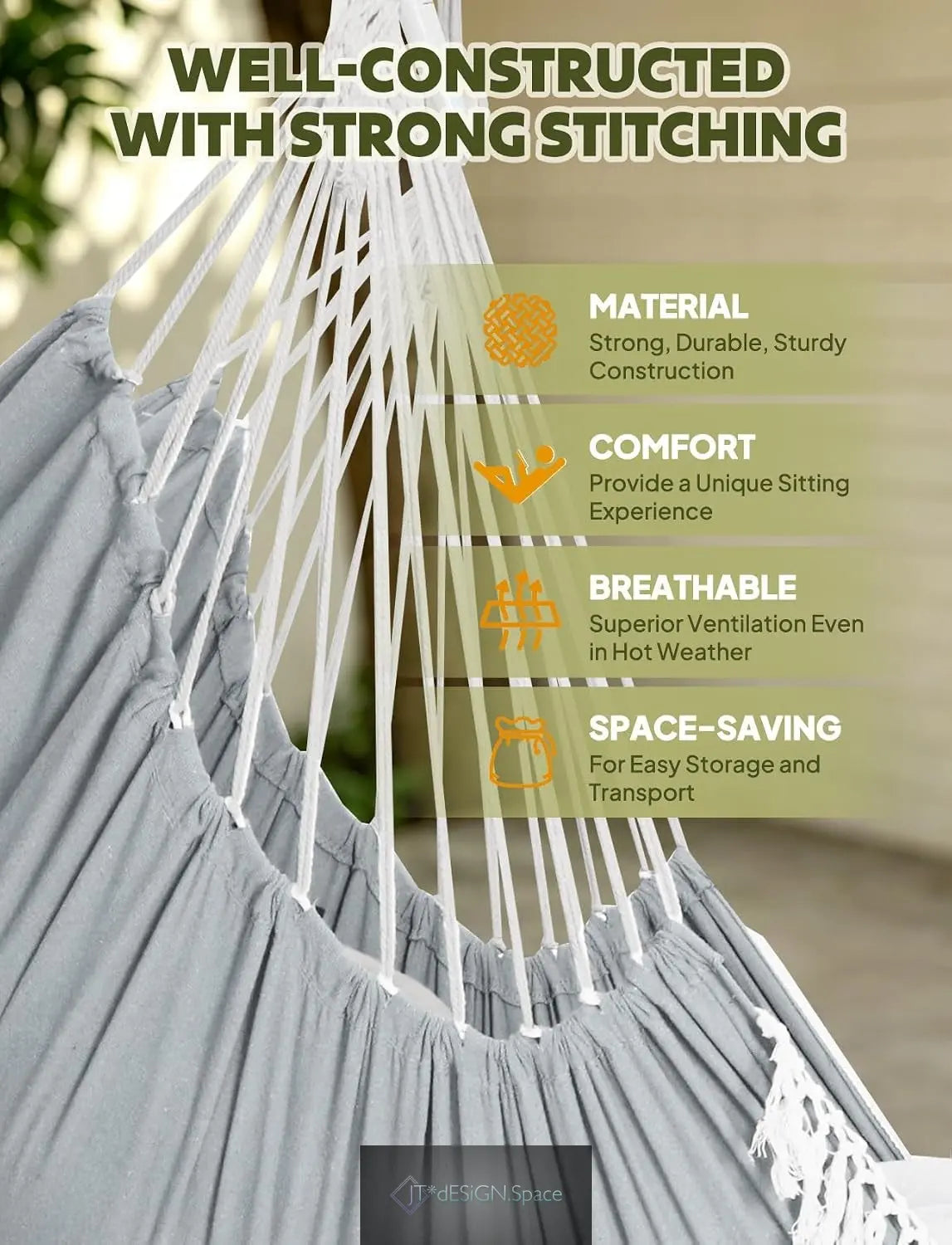 Hammock Chair Max 500 Lbs 2 Cushions Spreader Bar Strap Carabiner