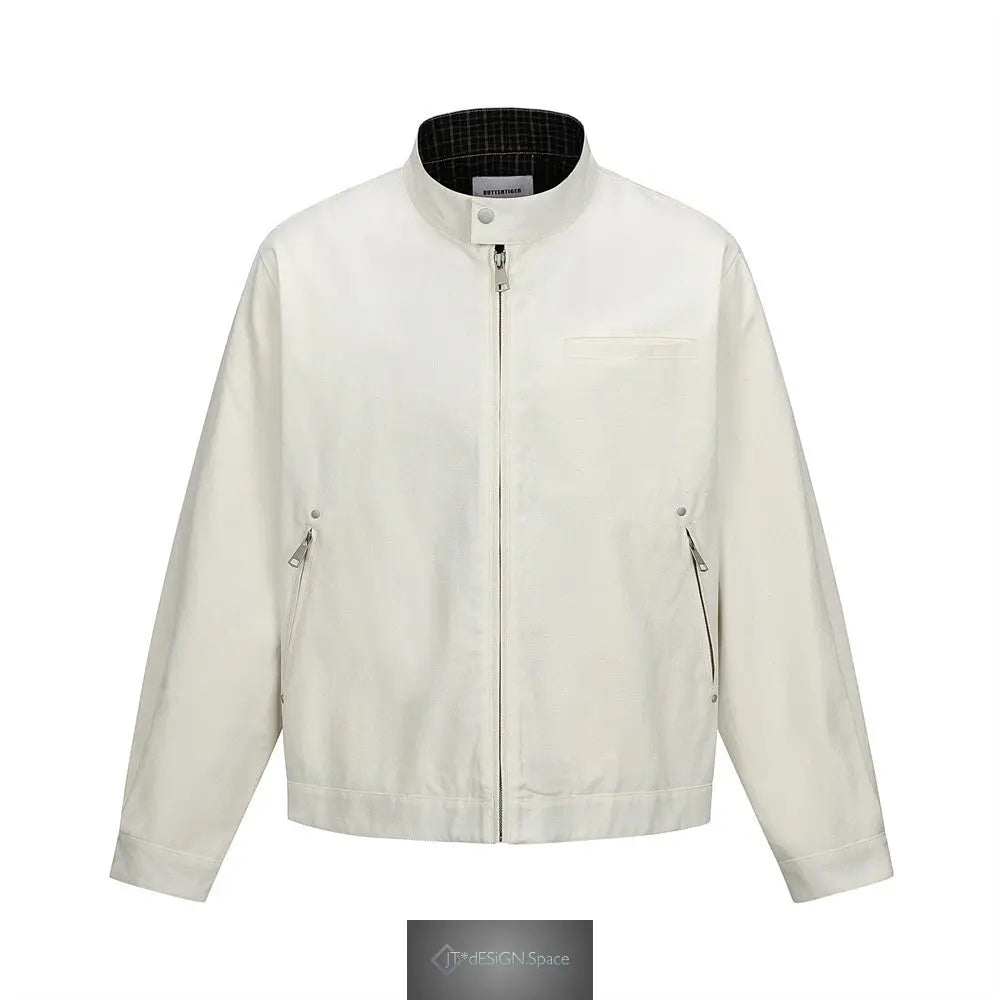 Herren Vintage Punk Kariert Baumwoll-Reißverschluss-Stehkragen-Arbeitsjacke