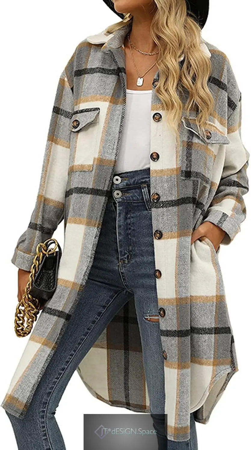 Women'S Casual Wool Blend Long Plaid Shirt Jacket Button down Pocketed Shirt Shacket