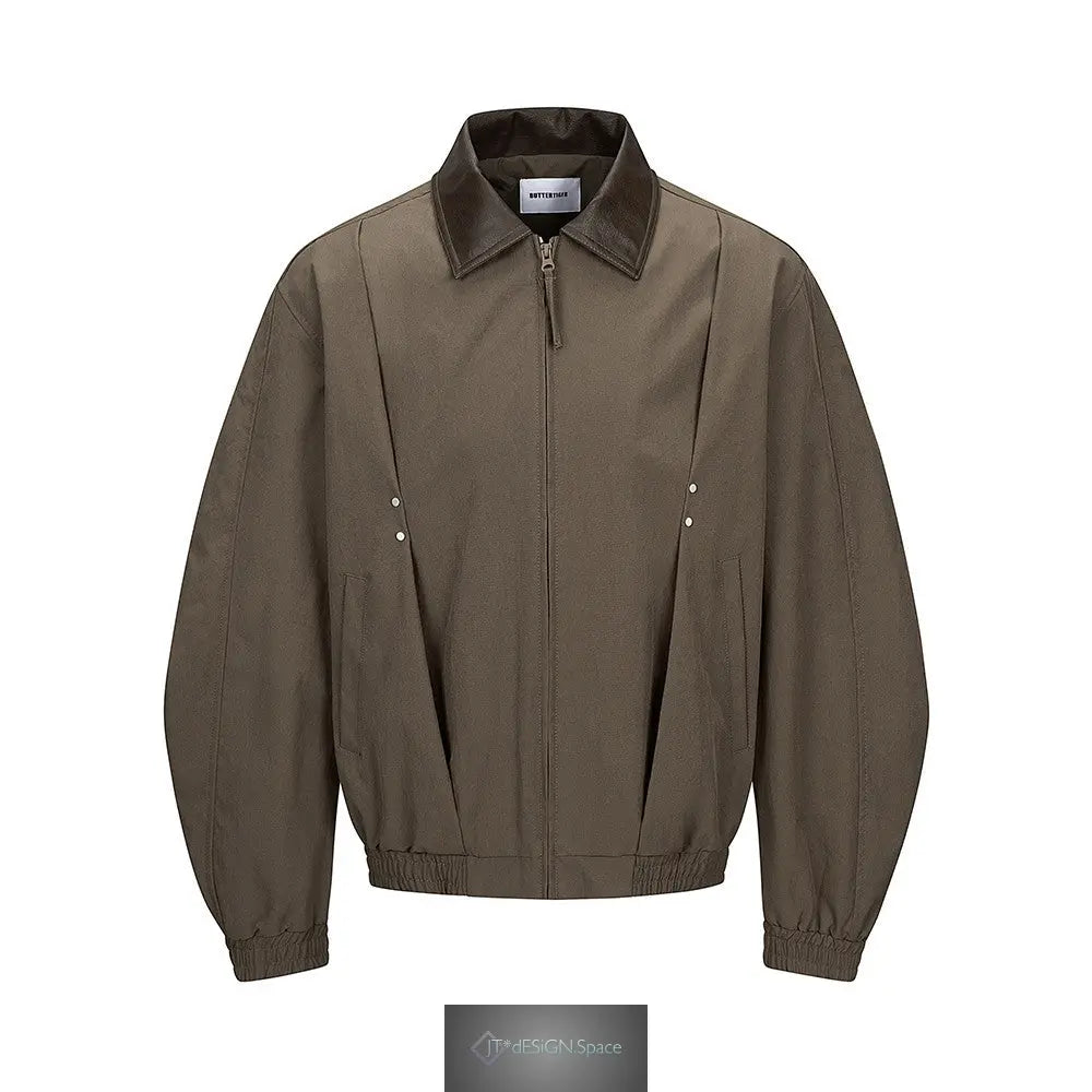Herren-Arbeitskleidung, lässige Bomberjacke mit PU-Leder-Einsätzen, Reißverschluss, PU-Leder-Kragen und lockerer Passform
