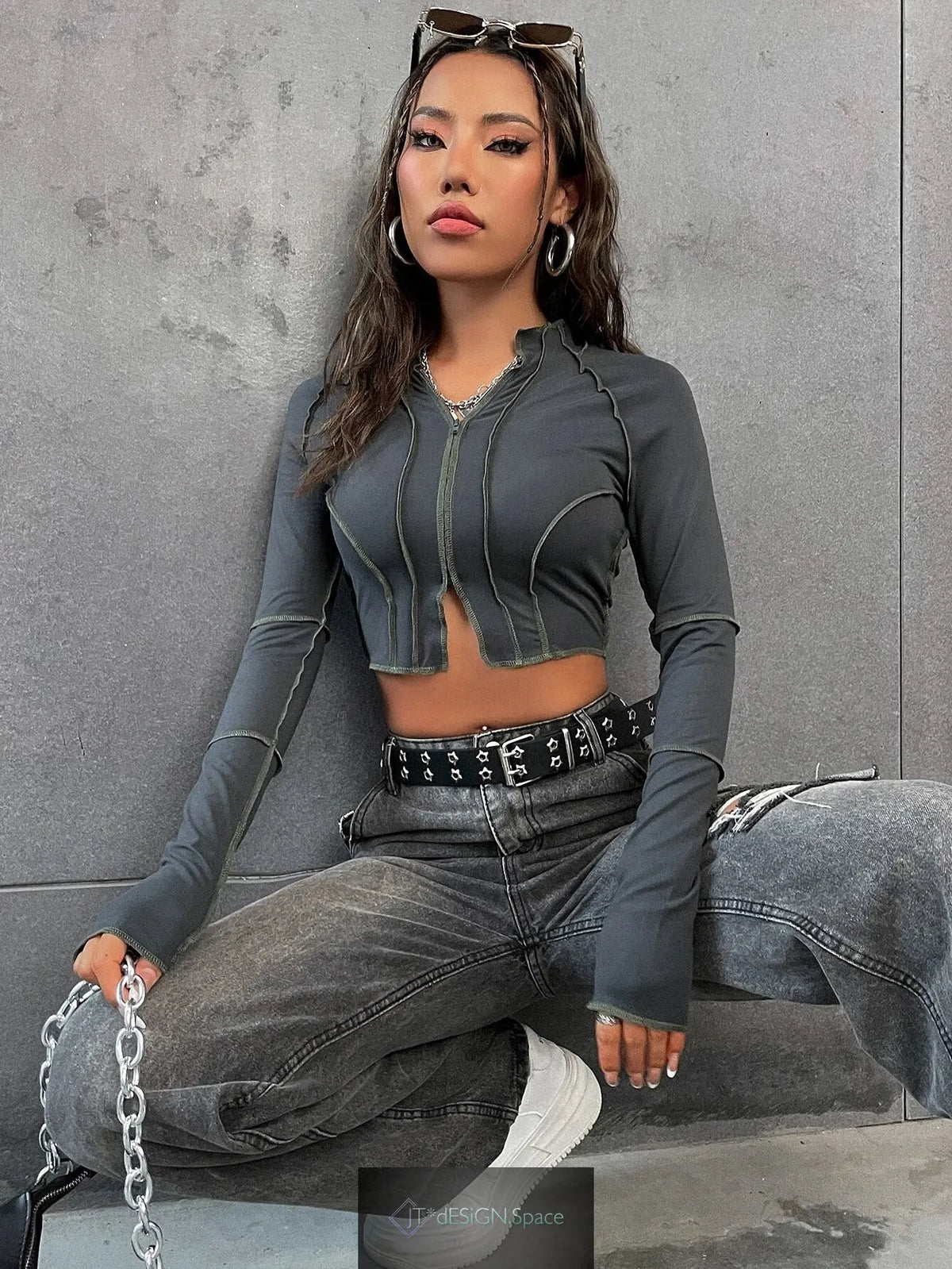 Unity Top-Stitching Raglan Sleeve Zipper Crop Tee Fall Cloth for Women