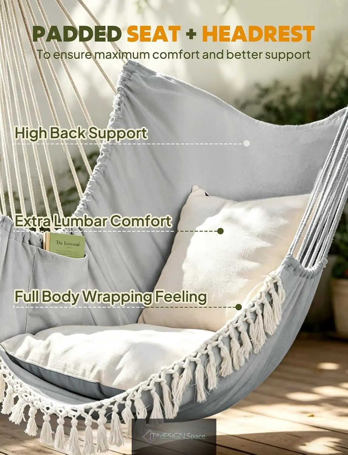 Hammock Chair Max 500 Lbs 2 Cushions Spreader Bar Strap Carabiner