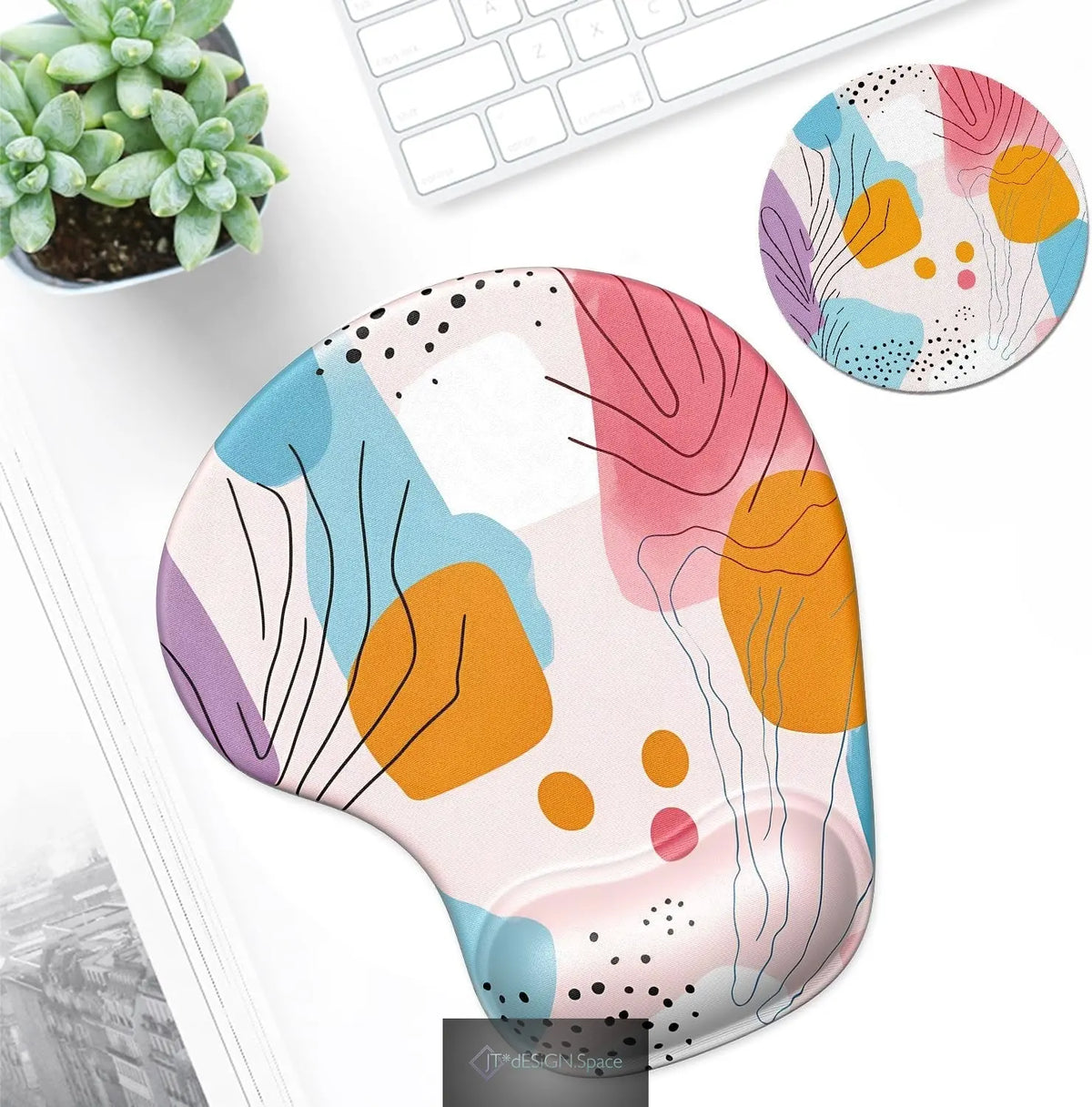 Ergonomic Mouse Pad Coaster Set with Gel Wrist Support Wrist Rest Smooth Surface Non-Slip PU Base Comfortable Office Supplies Pain Relief, 9.5 X 8.3 Inches, Art Style Pattern