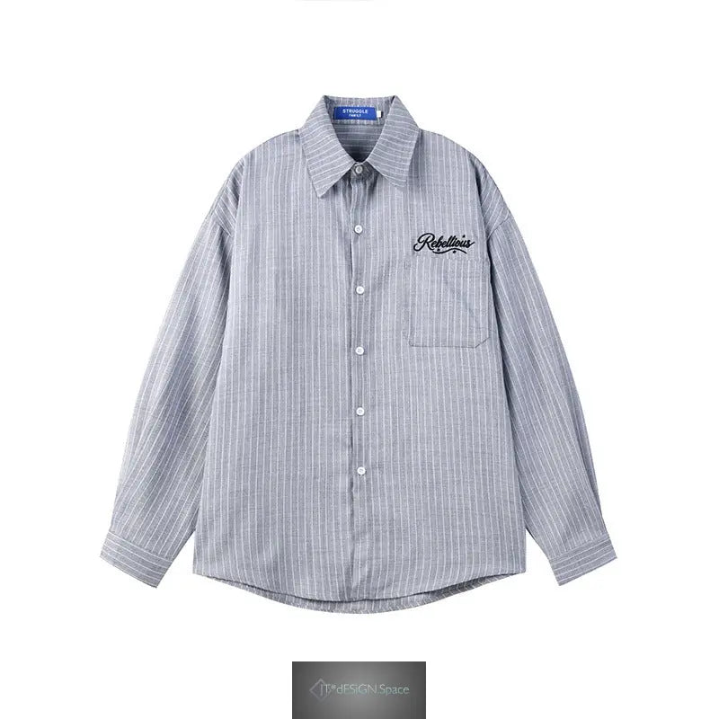 Vintage Casual Vertical Stripe Cursive Letter Embroidery Long Sleeve Turn-Down Collar Men's Shirt