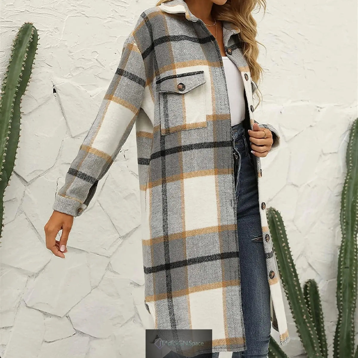 Women'S Casual Wool Blend Long Plaid Shirt Jacket Button down Pocketed Shirt Shacket