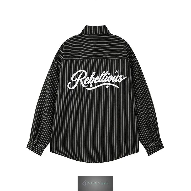 Vintage Casual Vertical Stripe Cursive Letter Embroidery Long Sleeve Turn-Down Collar Men's Shirt