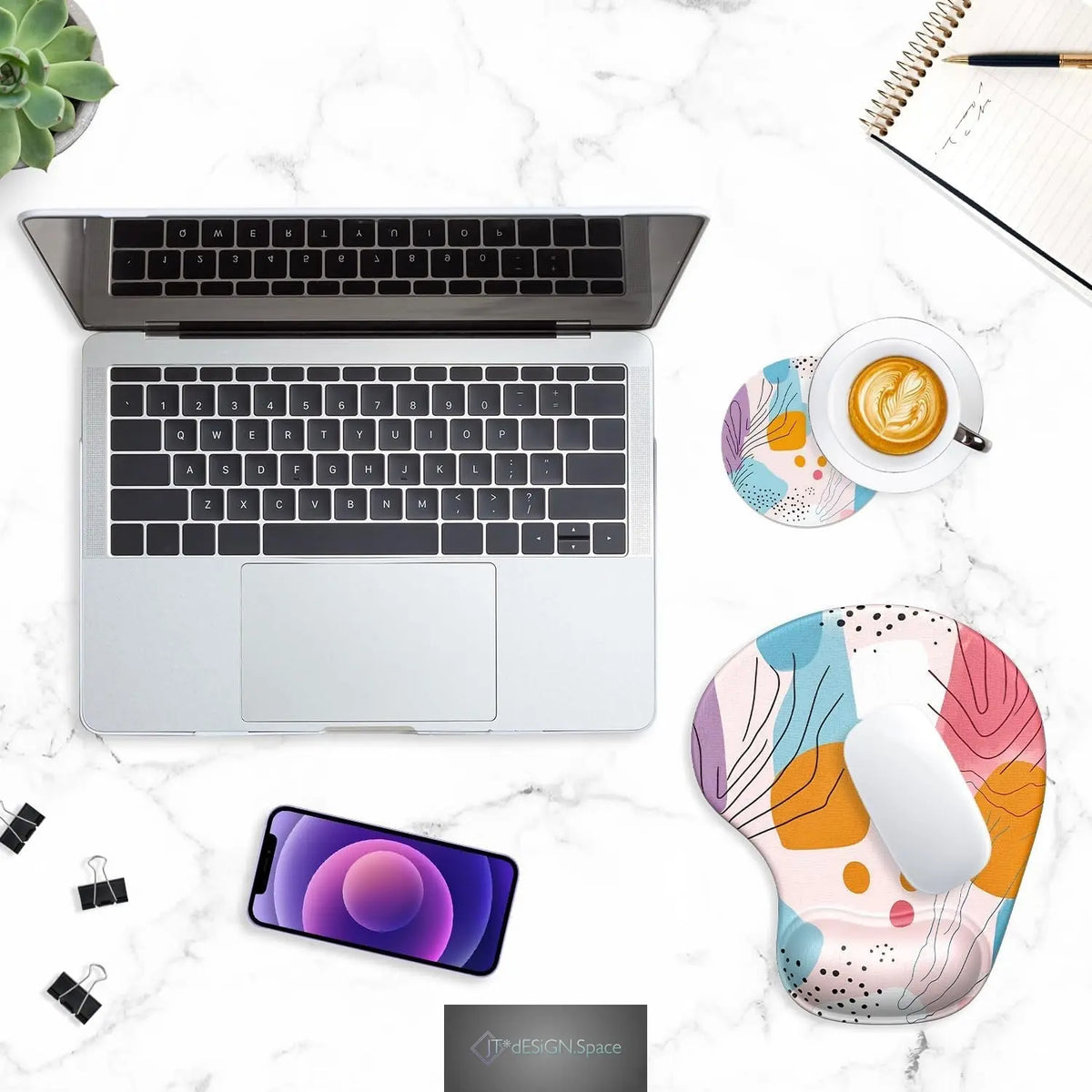Ergonomic Mouse Pad Coaster Set with Gel Wrist Support Wrist Rest Smooth Surface Non-Slip PU Base Comfortable Office Supplies Pain Relief, 9.5 X 8.3 Inches, Art Style Pattern