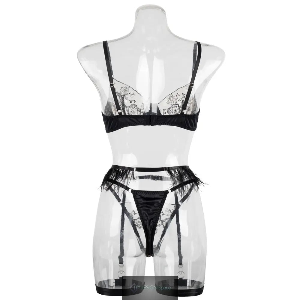 Gathering Embroidered Lace Fun Underwear with Feathers