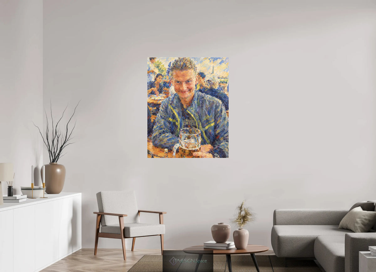 90 x 111,7 cm, Photo Print Under Acrylic Glass Ein lächelnder Mann im Biergarten