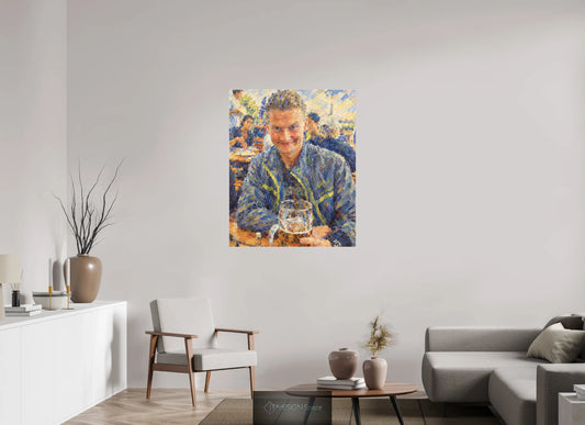 90 x 111,7 cm, Photo Print Under Acrylic Glass Ein lächelnder Mann im Biergarten