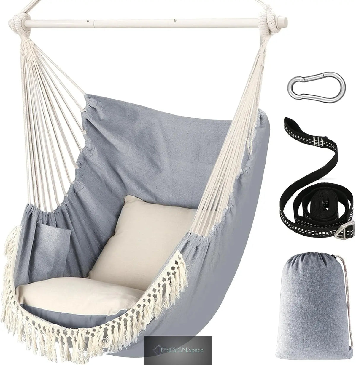 Hammock Chair Max 500 Lbs 2 Cushions Spreader Bar Strap Carabiner