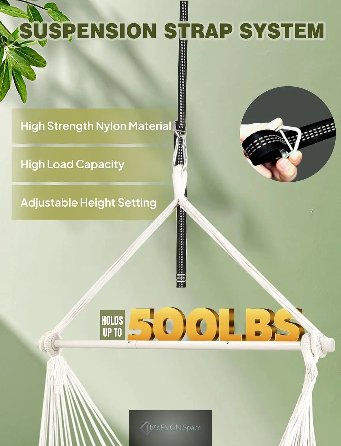 Hammock Chair Max 500 Lbs 2 Cushions Spreader Bar Strap Carabiner