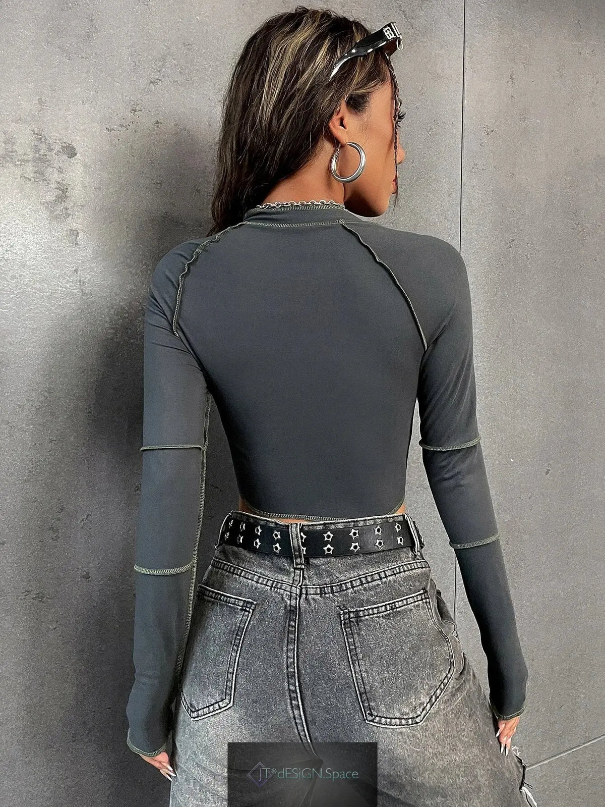 Unity Top-Stitching Raglan Sleeve Zipper Crop Tee Fall Cloth for Women