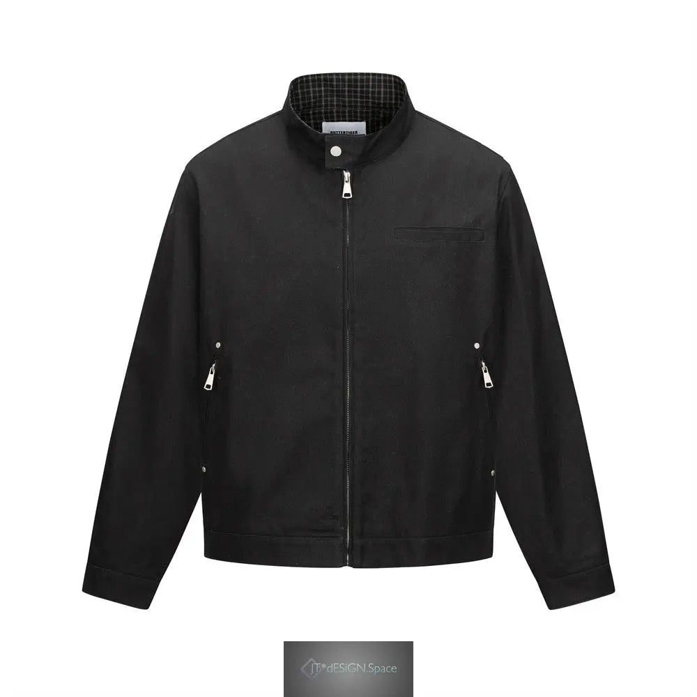 Herren Vintage Punk Kariert Baumwoll-Reißverschluss-Stehkragen-Arbeitsjacke