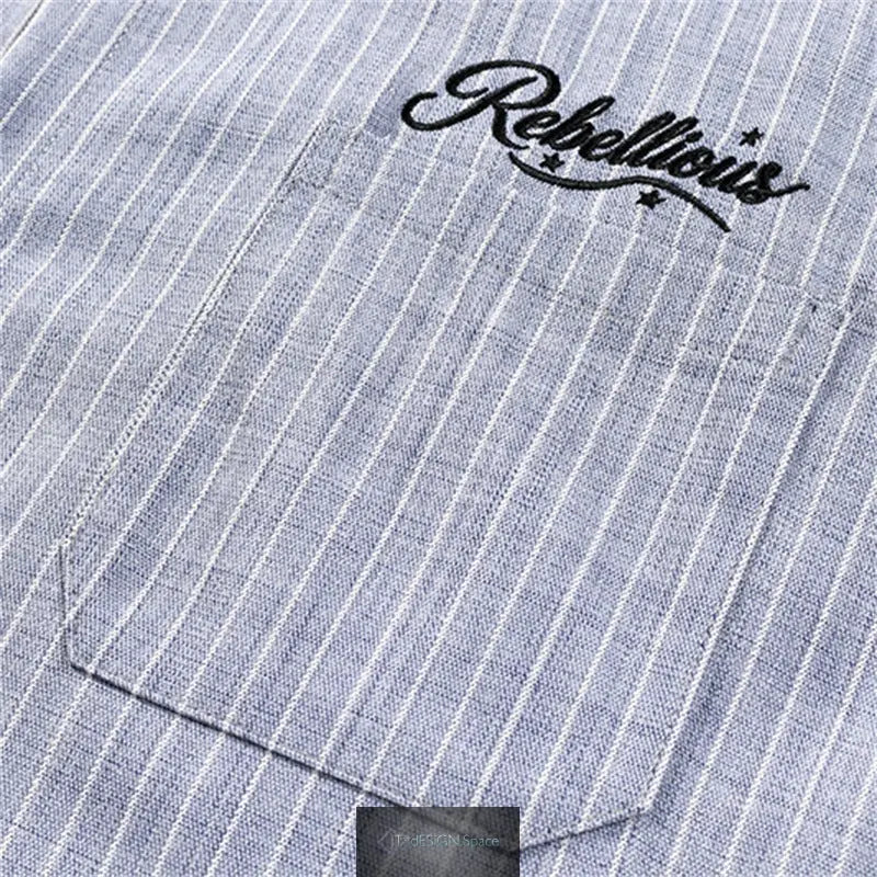 Vintage Casual Vertical Stripe Cursive Letter Embroidery Long Sleeve Turn-Down Collar Men's Shirt