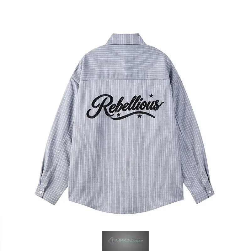Vintage Casual Vertical Stripe Cursive Letter Embroidery Long Sleeve Turn-Down Collar Men's Shirt