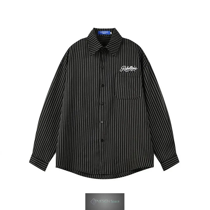 Vintage Casual Vertical Stripe Cursive Letter Embroidery Long Sleeve Turn-Down Collar Men's Shirt