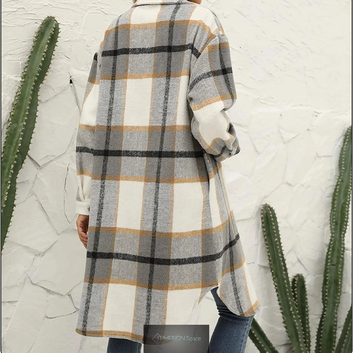 Women'S Casual Wool Blend Long Plaid Shirt Jacket Button down Pocketed Shirt Shacket