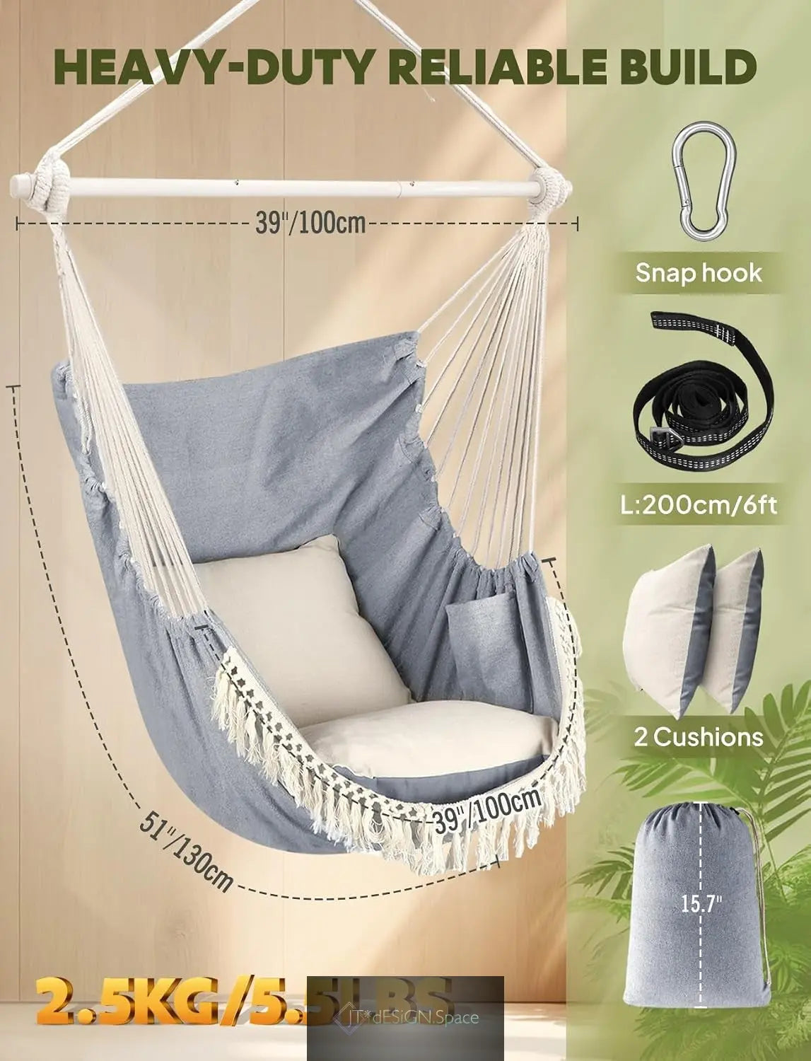 Hammock Chair Max 500 Lbs 2 Cushions Spreader Bar Strap Carabiner